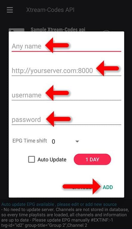 Enter IPTV Arena server URL, username, and password on GSE IPTV