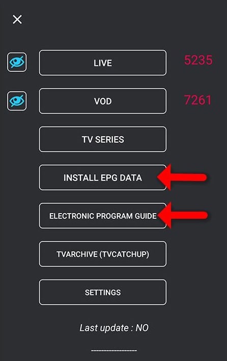 Install EPG Data and open program guide options in GSE IPTV on iPhone