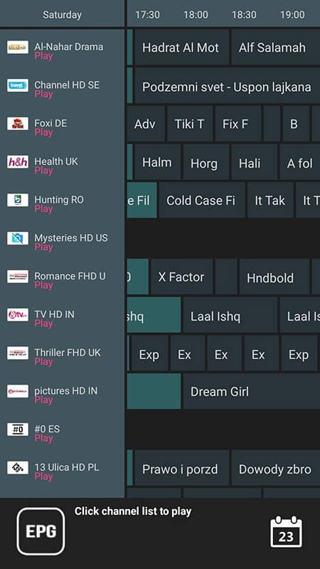 Electronic Program Guide grid showing live Balkan TV schedules in GSE IPTV