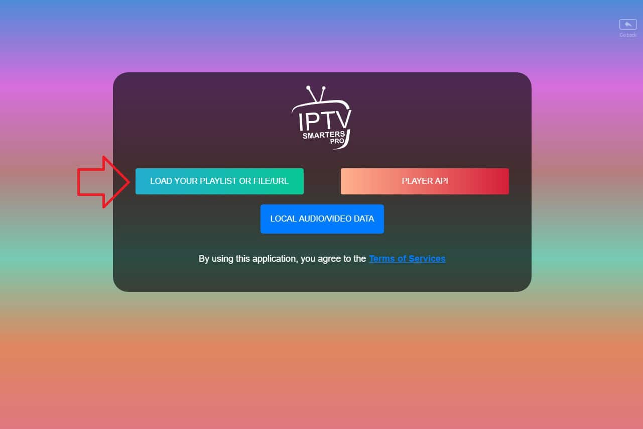 Login screen in IPTV Smarters showing M3U option for IPTV Arena setup