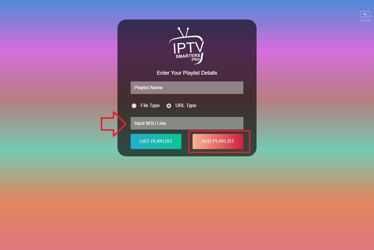 M3U URL input screen in IPTV Smarters for IPTV Arena