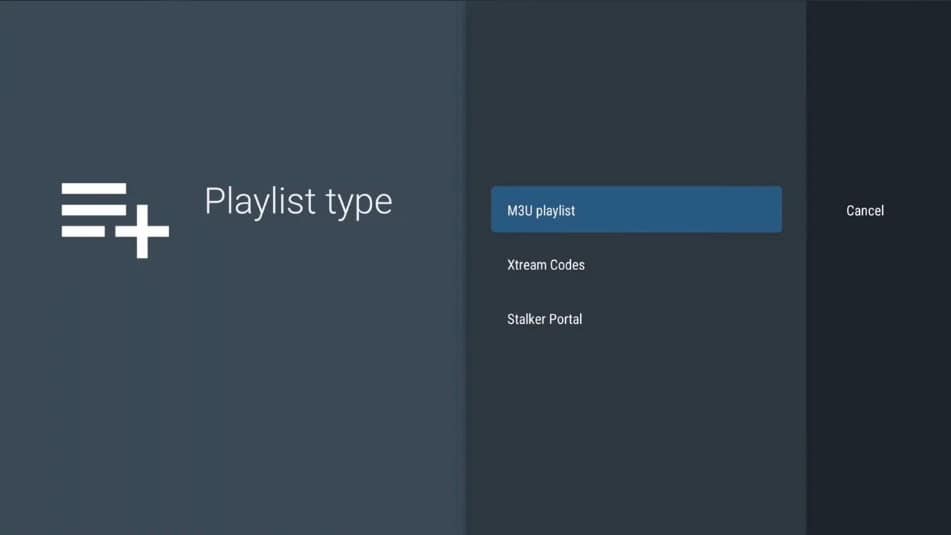 TiviMate playlist type selection showing M3U option for IPTV Arena